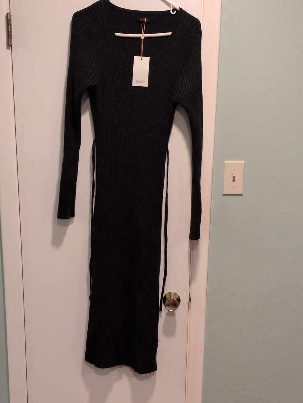 Quince Black Ribbed Long Sleeve Midi Dress with Side Ties